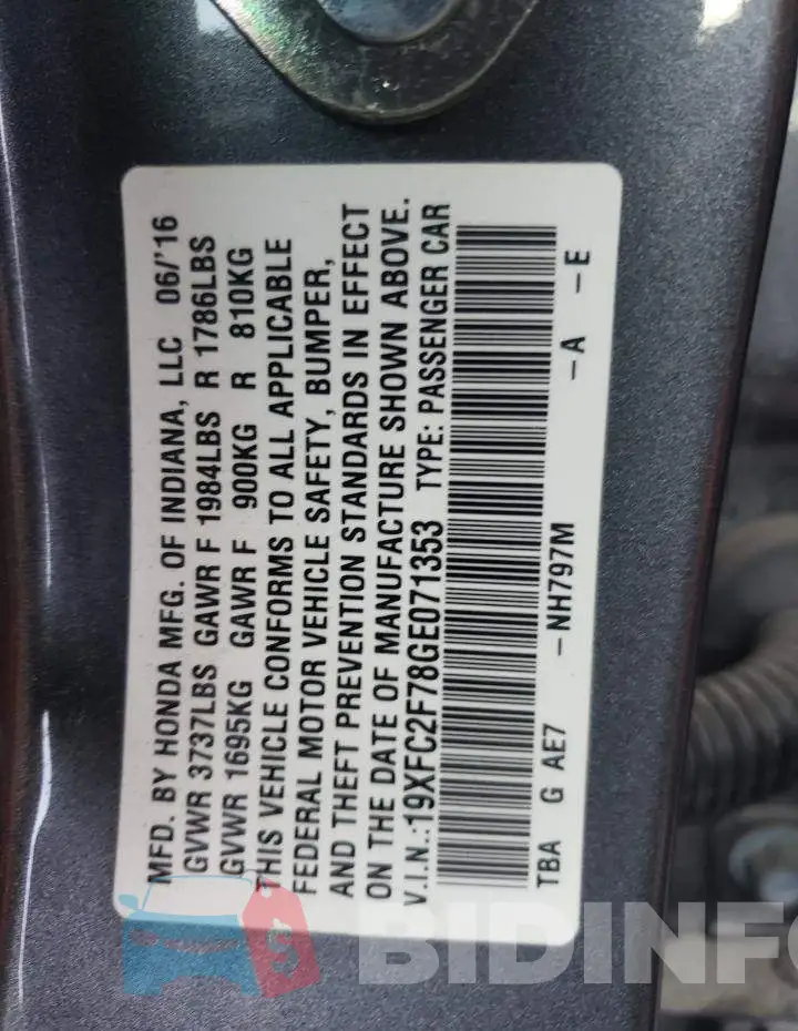 19XFC2F78GE071353 Photo# 12