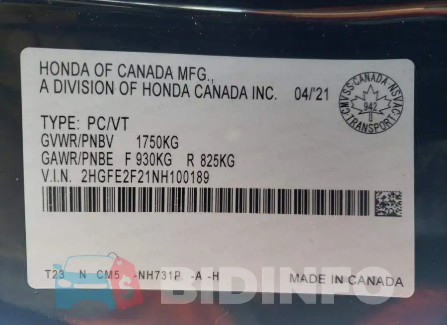2HGFE2F21NH100189 Photo# 12
