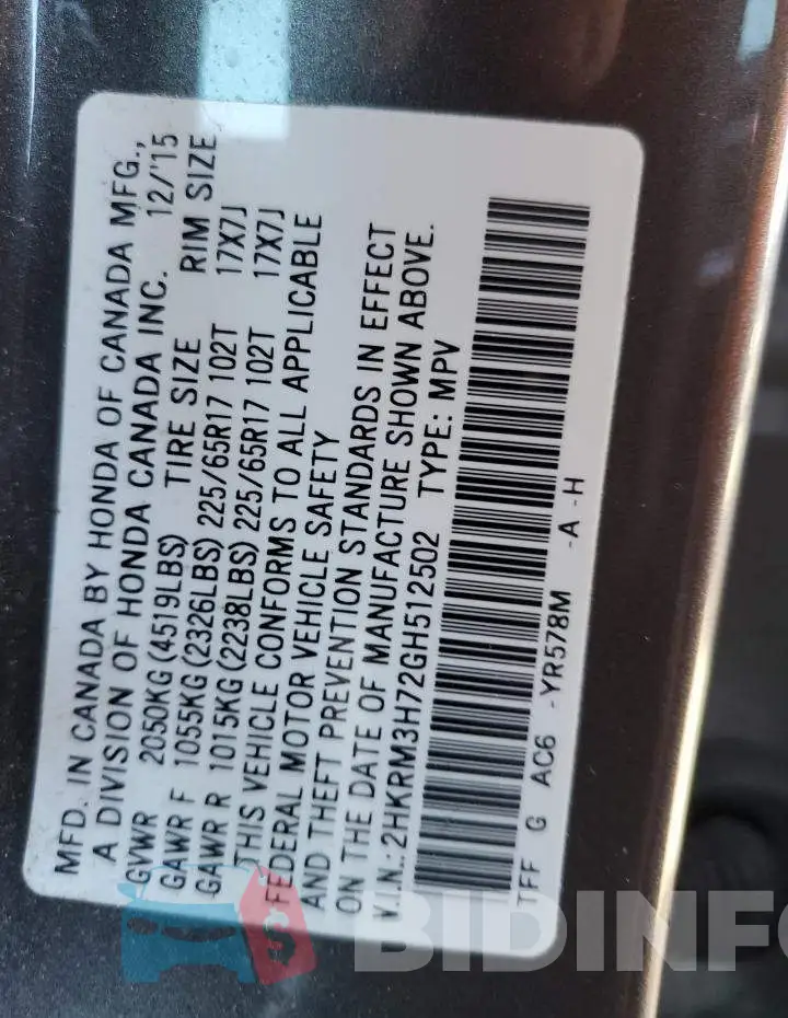 2HKRM3H72GH512502 Photo# 13