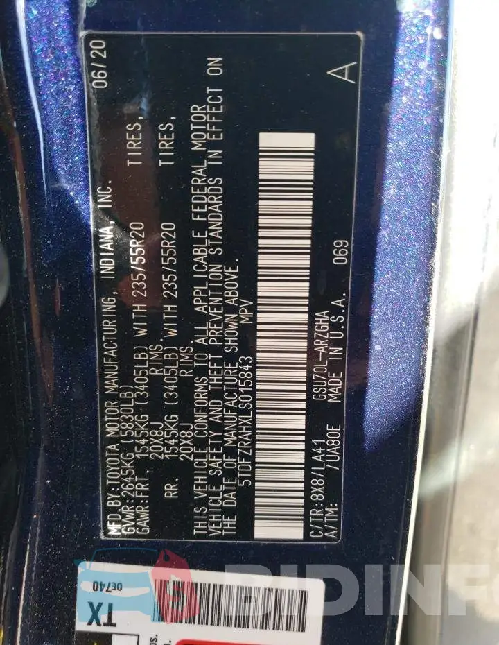 5TDFZRAHXLS015843 Photo# 13