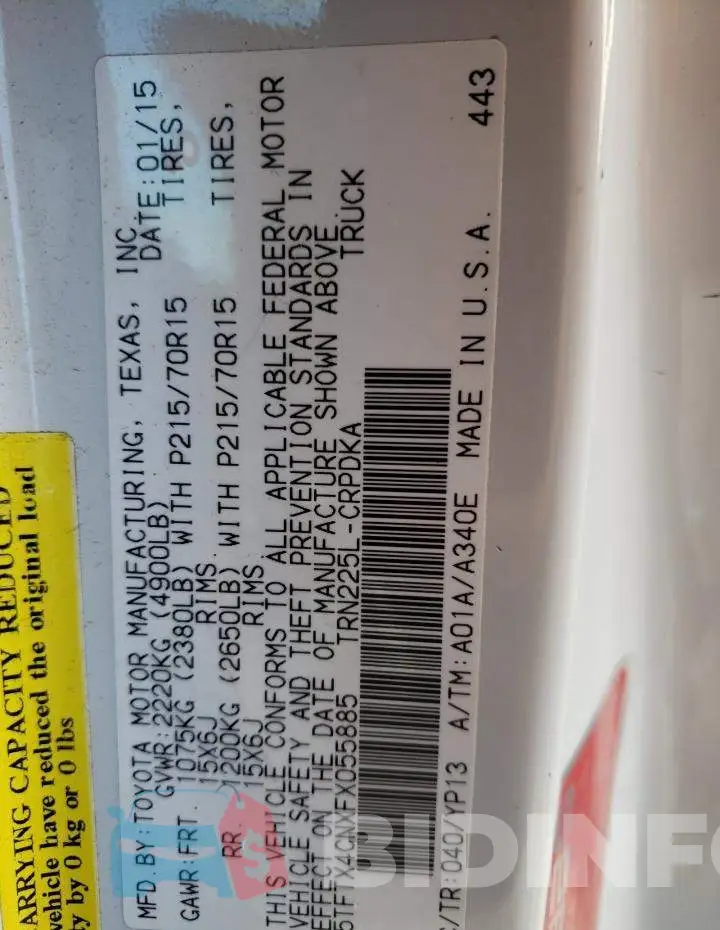 5TFTX4CNXFX055885 Photo# 12