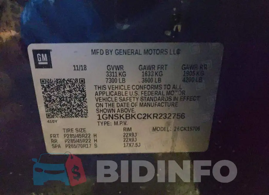 1GNSKBKC2KR232756 Photo# 13