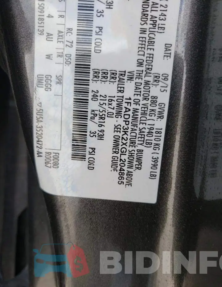 1FADP3K2XGL204865 Photo# 10