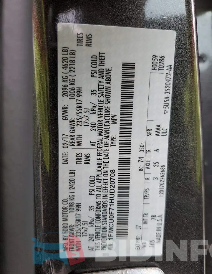 1FMCU0F71HUD20708 Photo# 14