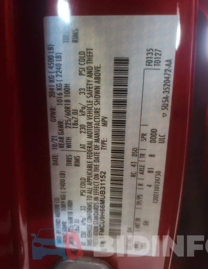 1FMCU9H66MUB31152 Photo# 10