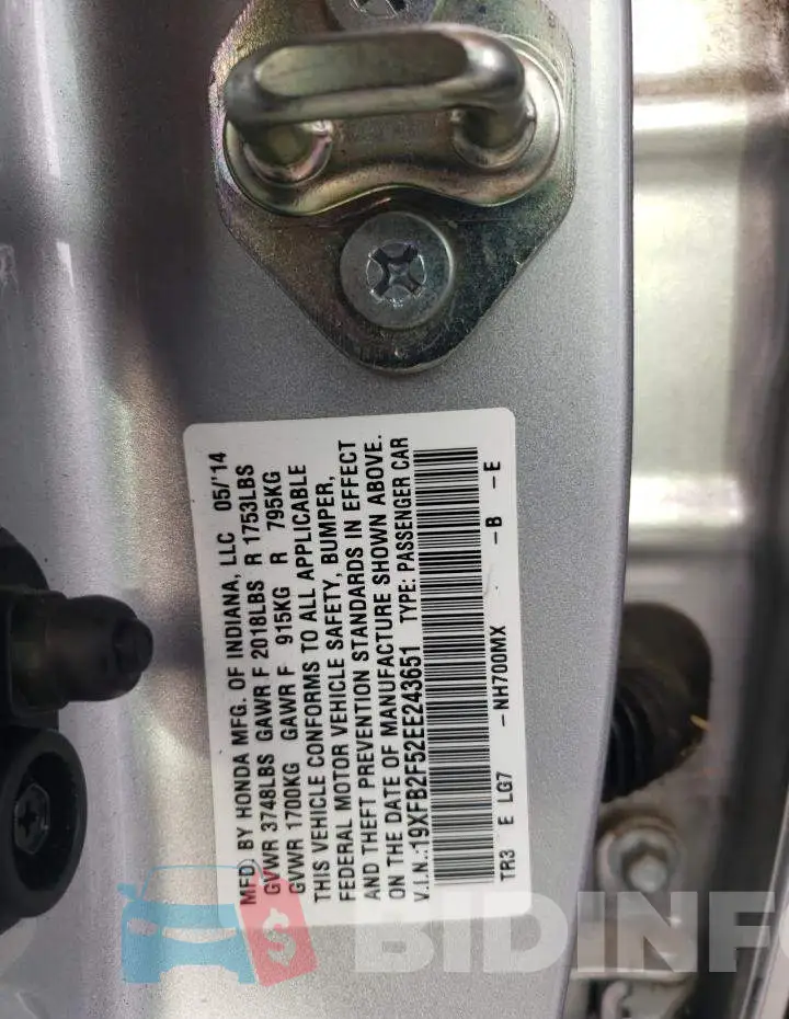 19XFB2F52EE243651 Photo# 12