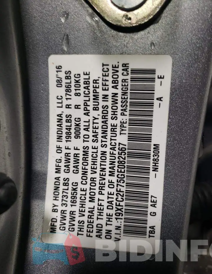 19XFC2F75GE082567 Photo# 12