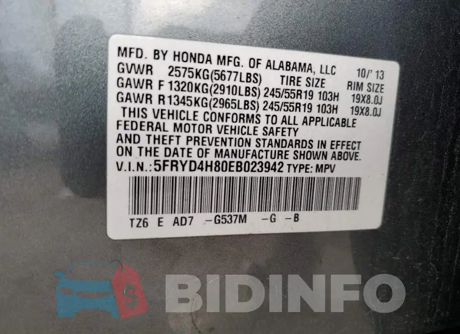 5FRYD4H80EB023942 Photo# 13