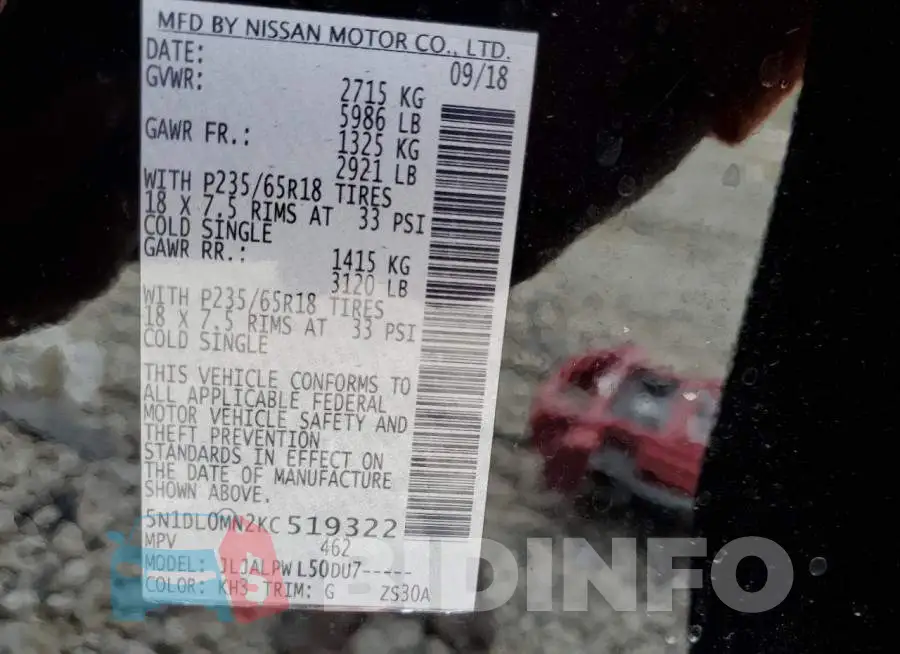 5N1DL0MN2KC519322 Photo# 13