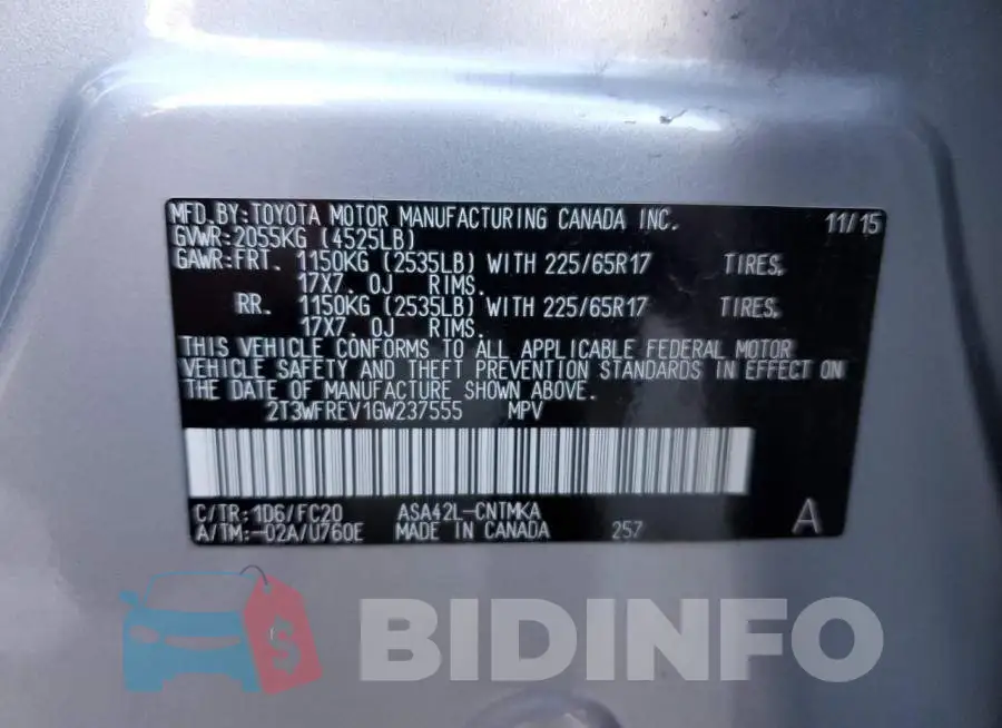 2T3WFREV1GW237555 Photo# 13