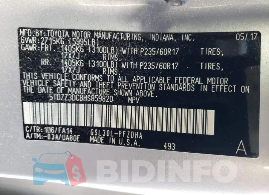 5TDZZ3DC8HS859820 Photo# 14