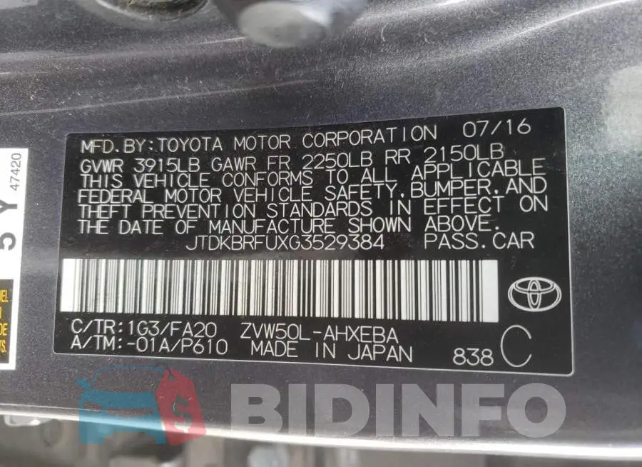 JTDKBRFUXG3529384 Photo# 12