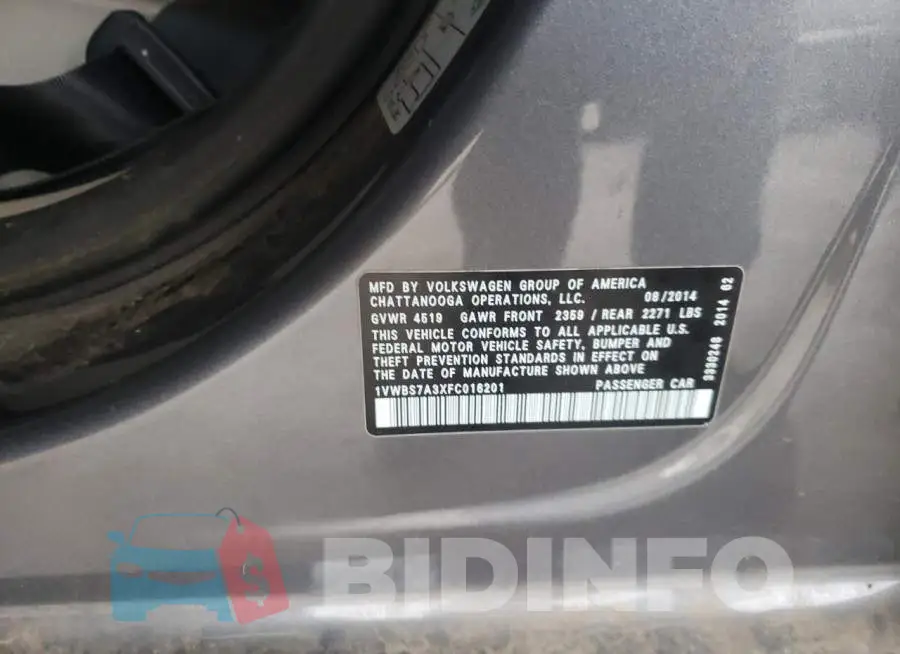 1VWBS7A3XFC016201 Photo# 10