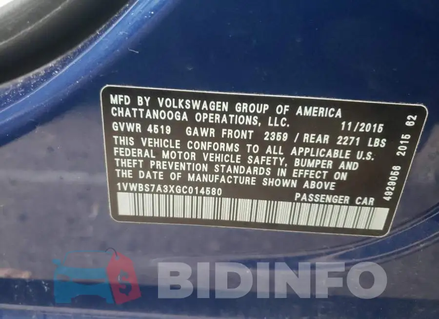 1VWBS7A3XGC014580 Photo# 12