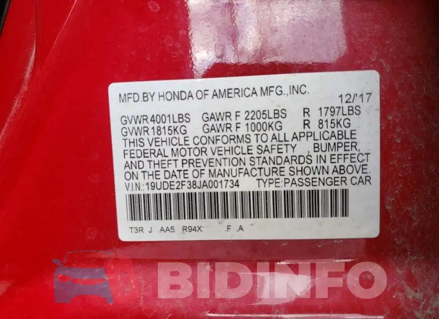 19UDE2F38JA001734 Photo# 12