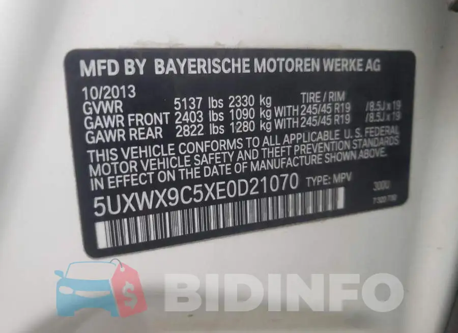 5UXWX9C5XE0D21070 Photo# 13