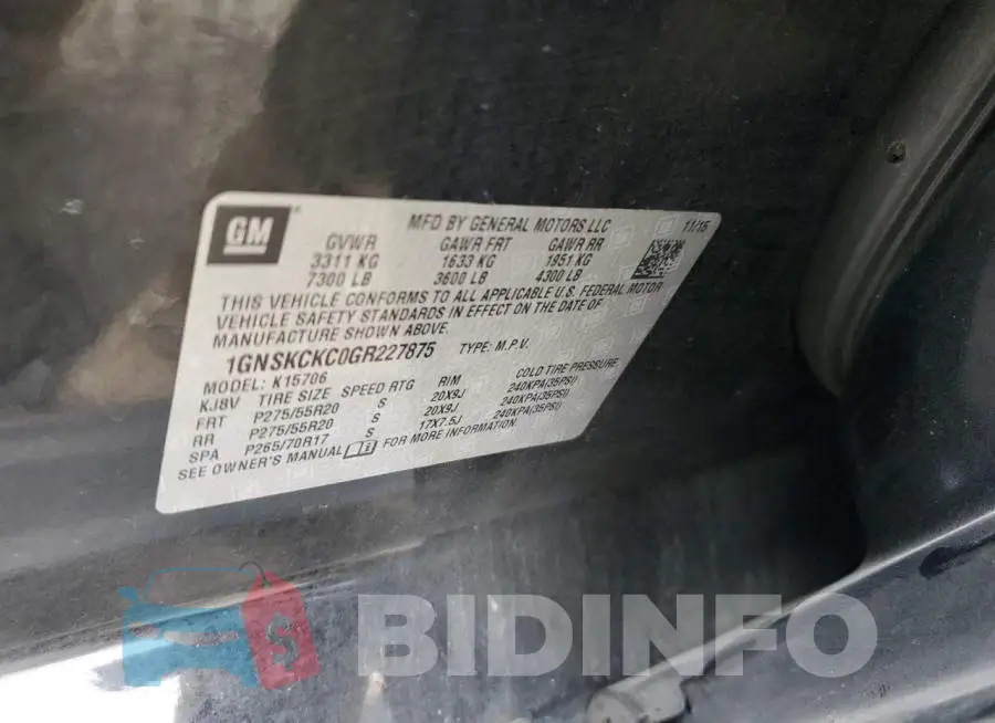 1GNSKCKC0GR227875 Photo# 13