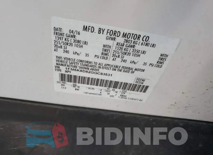 1FM5K8D82GGC83531 Photo# 13