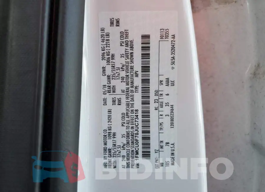 1FMCU0F70JUC73418 Photo# 13