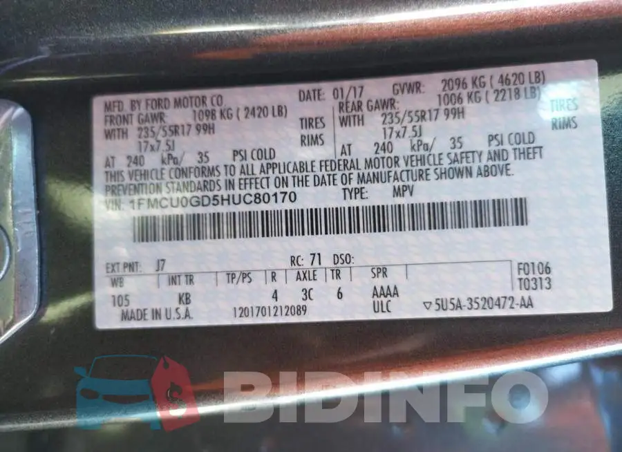 1FMCU0GD5HUC80170 Photo# 12
