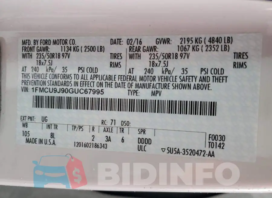 1FMCU9J90GUC67995 Photo# 14