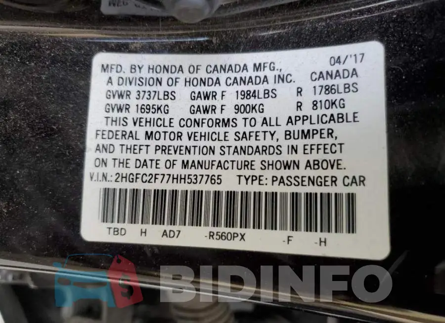 2HGFC2F77HH537765 Photo# 12