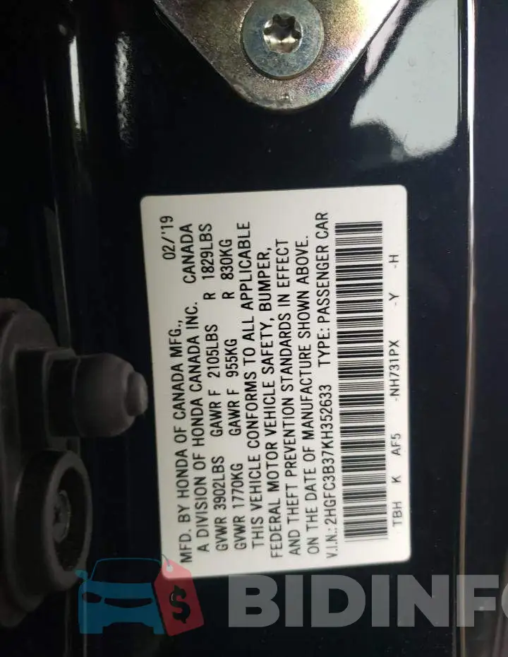 2HGFC3B37KH352633 Photo# 12