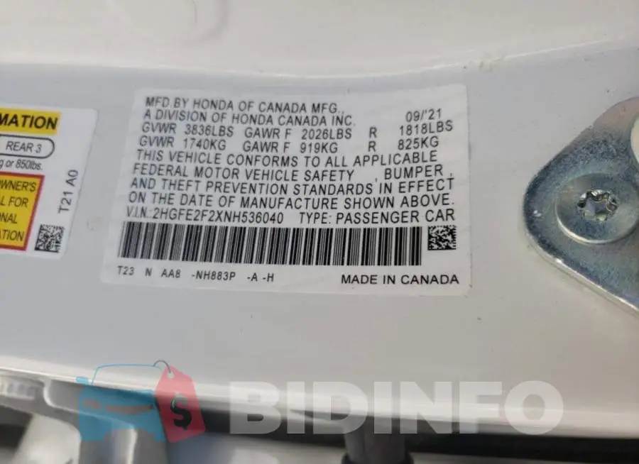2HGFE2F2XNH536040 Photo# 10
