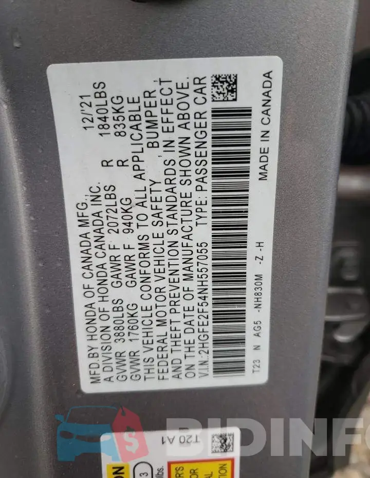 2HGFE2F54NH557055 Photo# 12