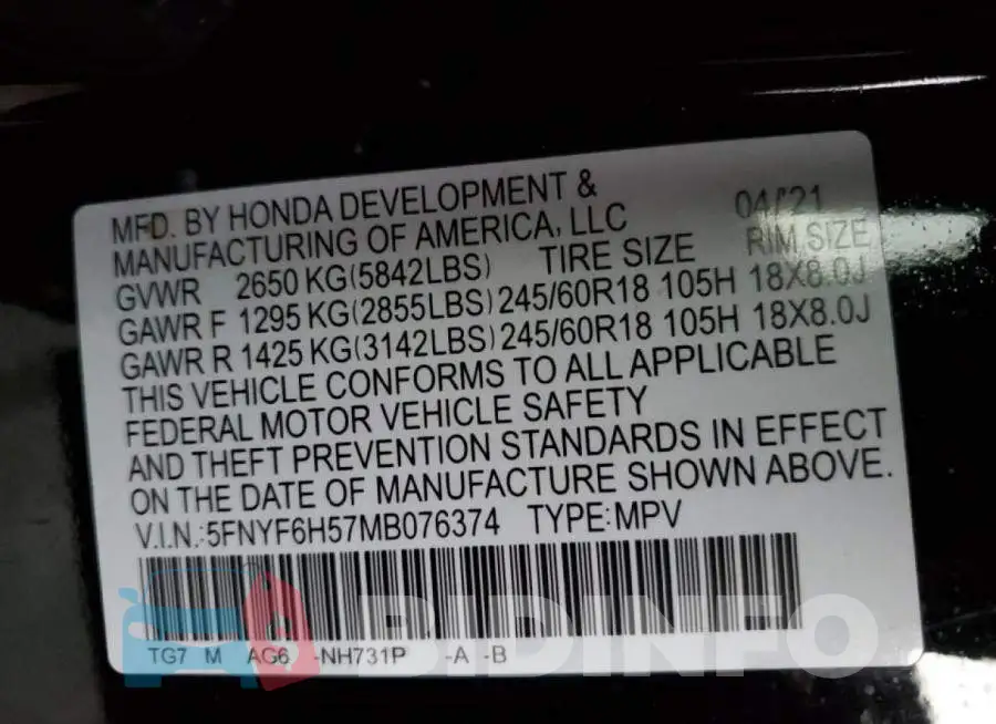 5FNYF6H57MB076374 Photo# 13