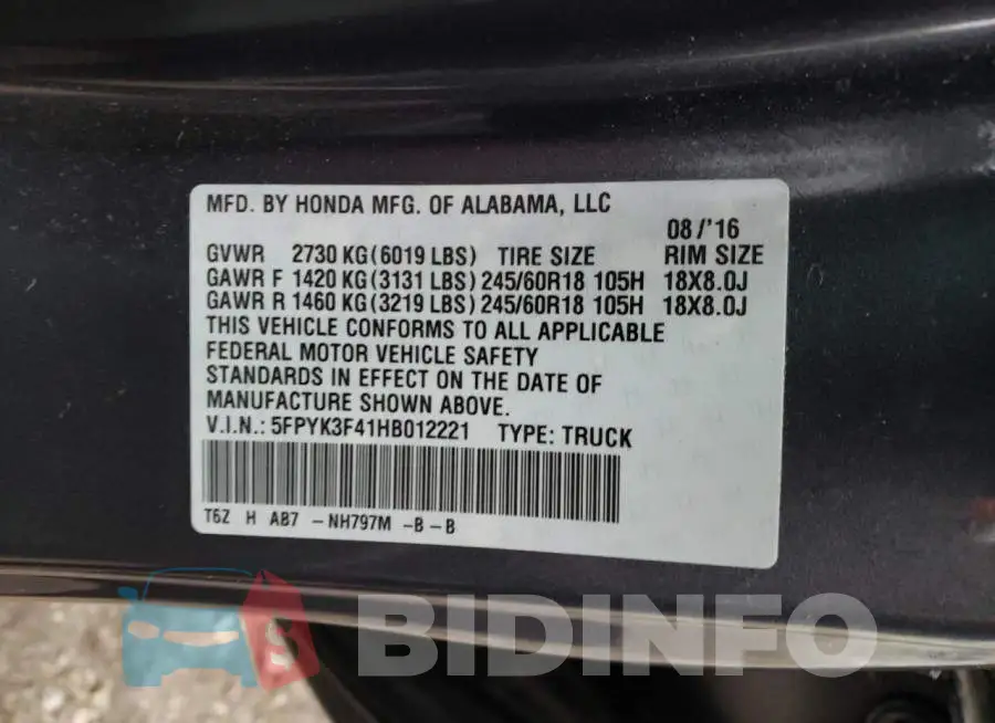 5FPYK3F41HB012221 Photo# 12