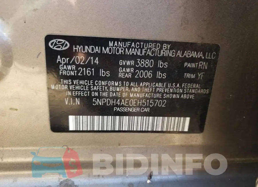 5NPDH4AE0EH515702 Photo# 12