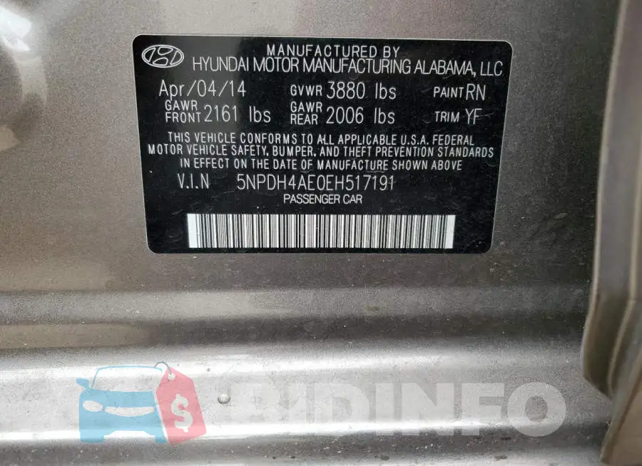 5NPDH4AE0EH517191 Photo# 12