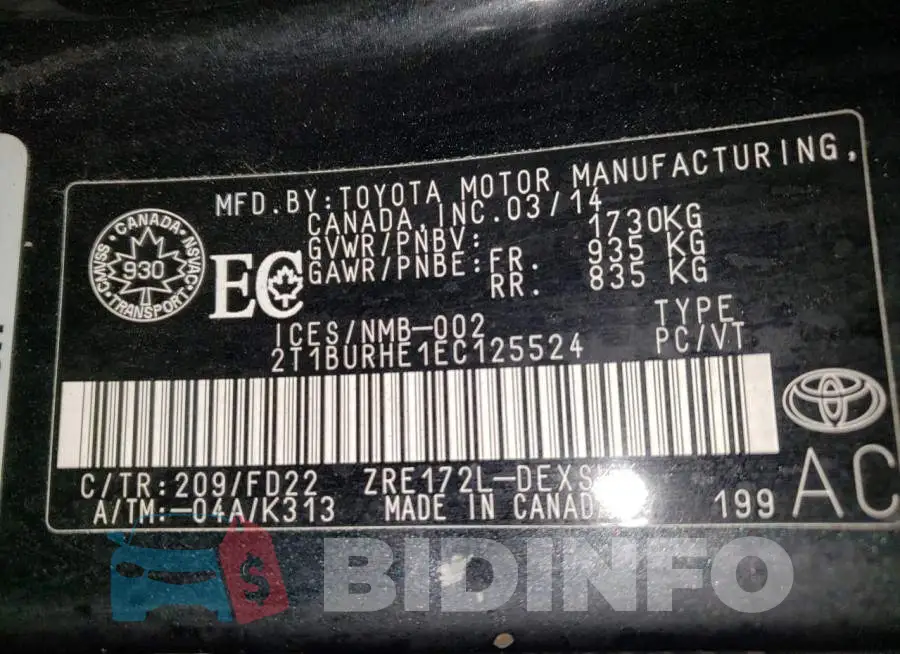 2T1BURHE1EC125524 Photo# 13
