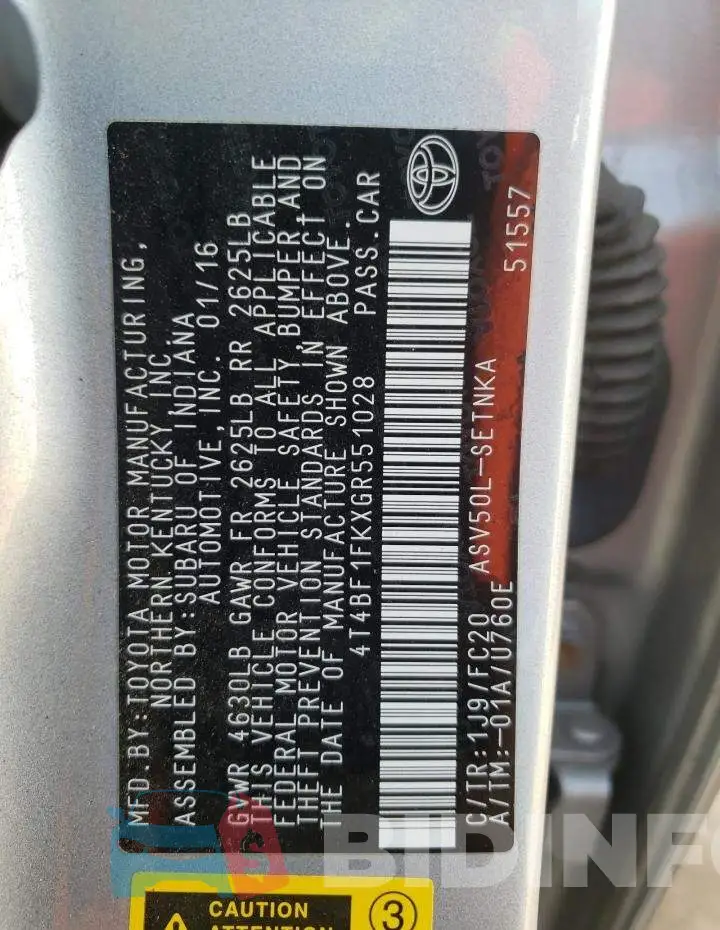 4T4BF1FKXGR551028 Photo# 12