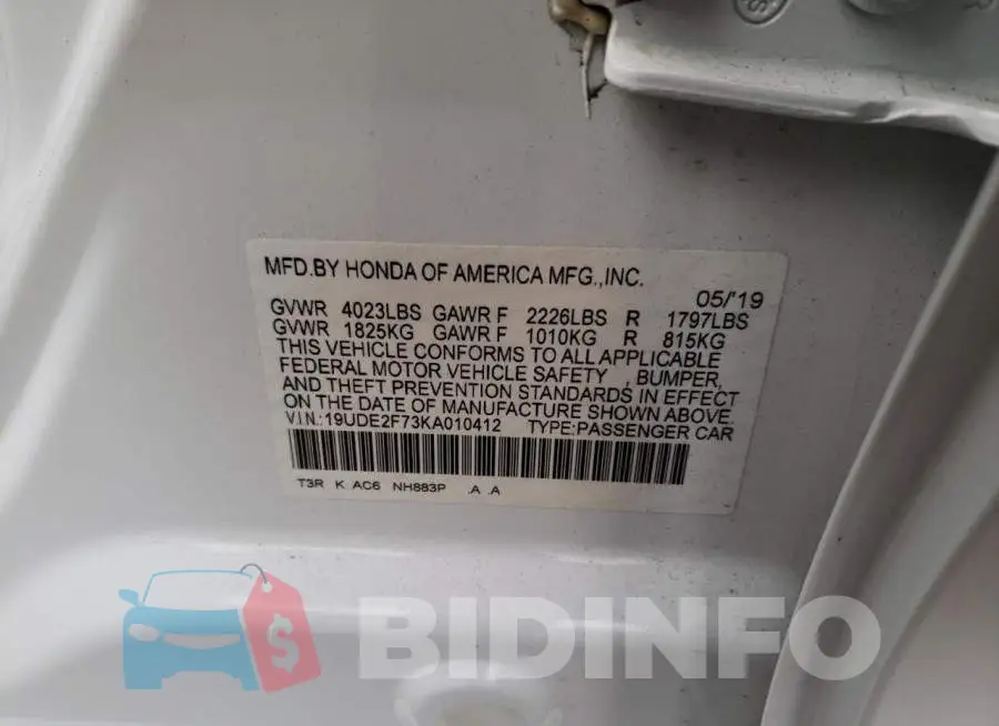 19UDE2F73KA010412 Photo# 12