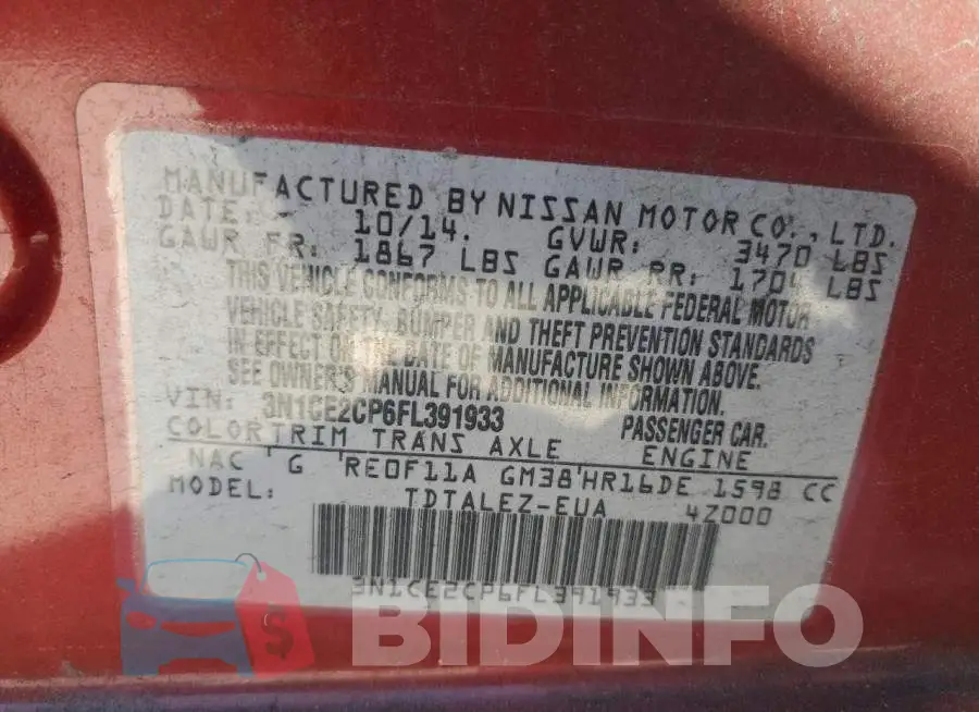 3N1CE2CP6FL391933 Photo# 13