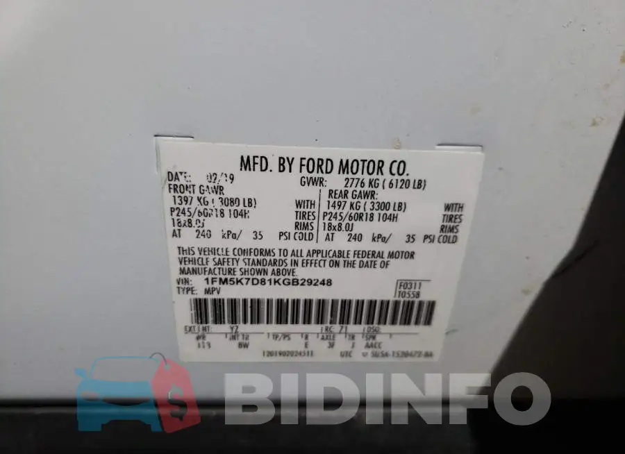 1FM5K7D81KGB29248 Photo# 13