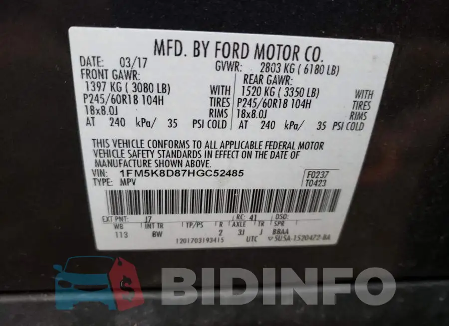 1FM5K8D87HGC52485 Photo# 13