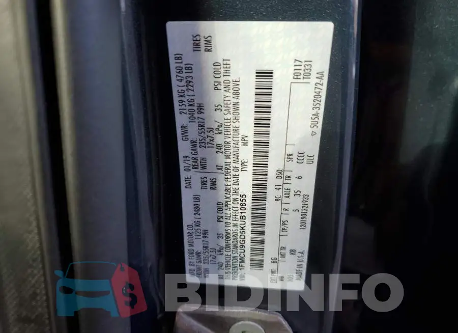 1FMCU9GD5KUB10855 Photo# 13