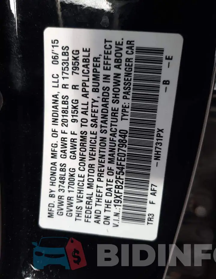 19XFB2F54FE079840 Photo# 13