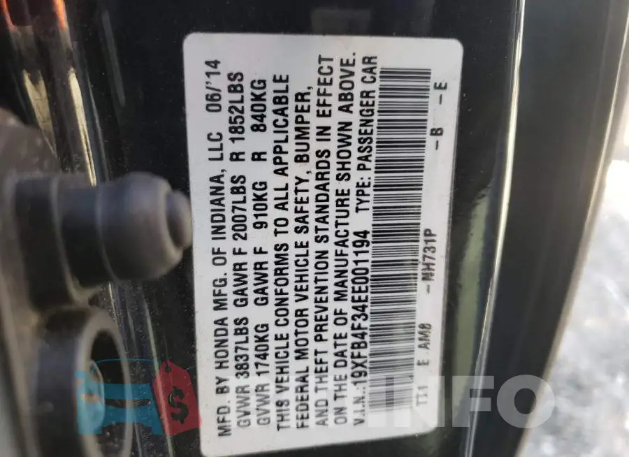 19XFB4F34EE001194 Photo# 10