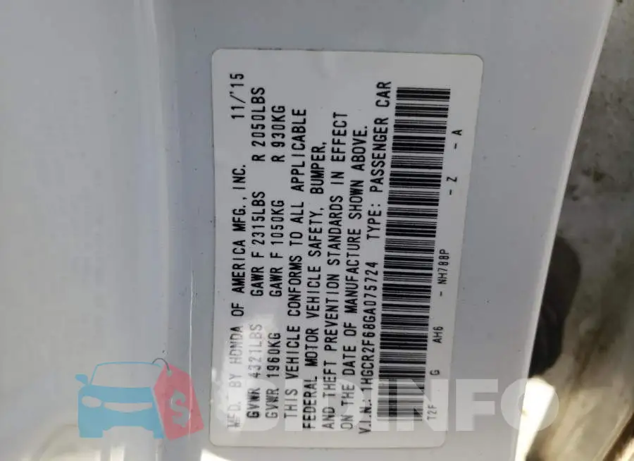 1HGCR2F68GA075724 Photo# 12