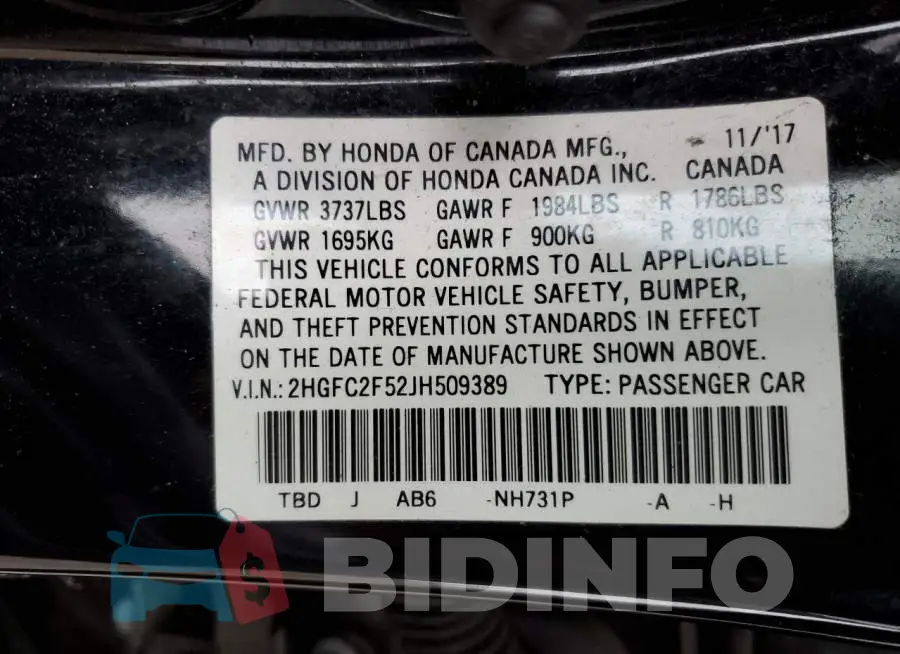 2HGFC2F52JH509389 Photo# 12