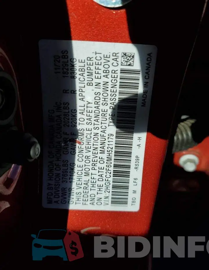 2HGFC2F60MH521179 Photo# 12