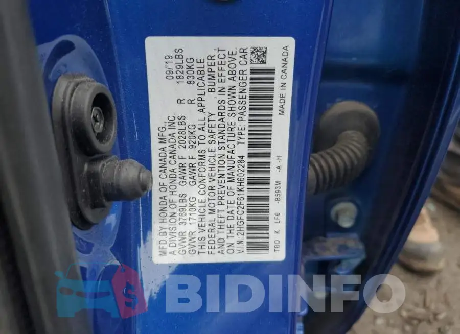 2HGFC2F61KH602284 Photo# 12