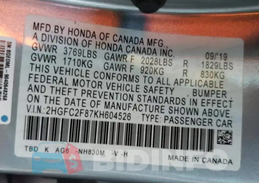 2HGFC2F87KH604526 Photo# 10