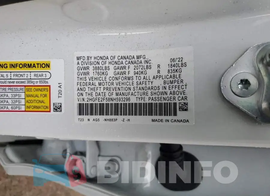 2HGFE2F58NH593296 Photo# 12
