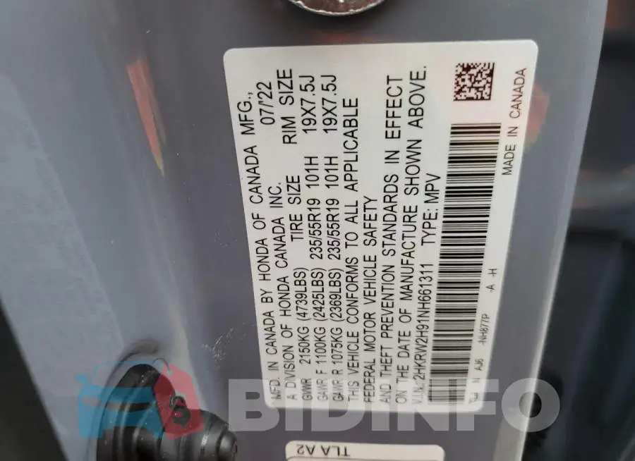 2HKRW2H91NH661311 Photo# 13