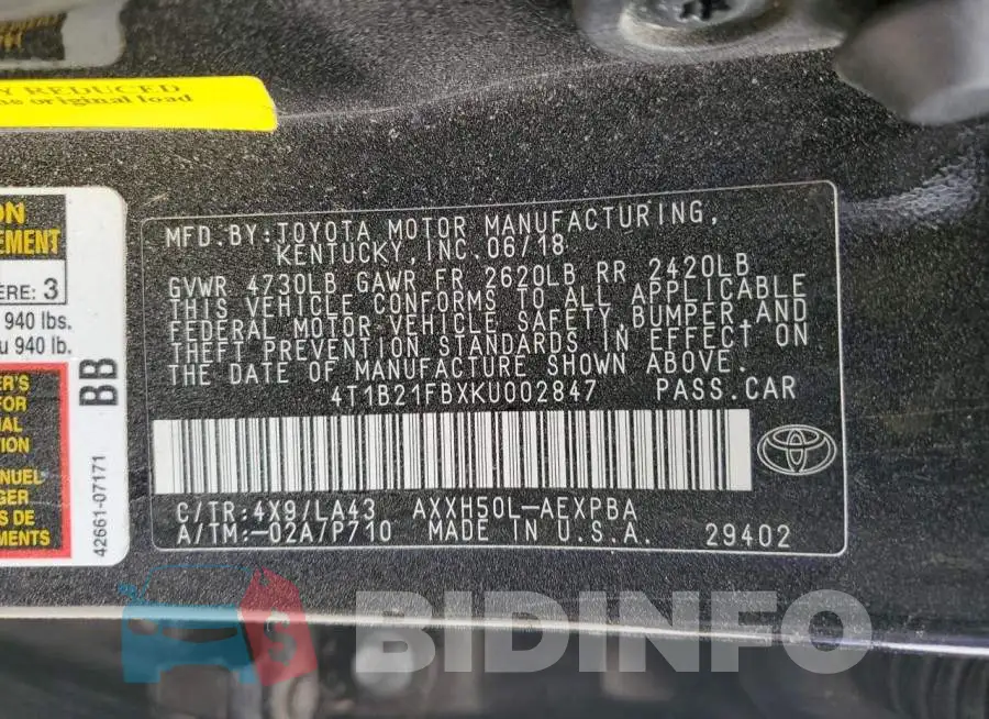 4T1B21FBXKU002847 Photo# 12
